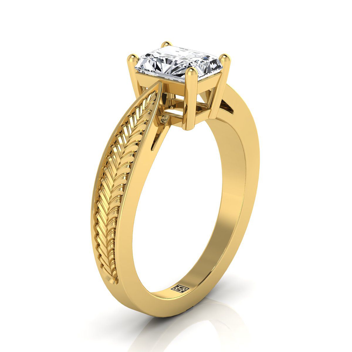 Vintage Leaf Pattern Solitaire Radiant, in 18K Yellow Gold, prong setting – side profile | RockHer