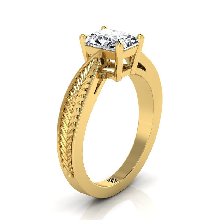 Vintage Leaf Pattern Solitaire Radiant, in 18K Yellow Gold, prong setting – side profile | RockHer
