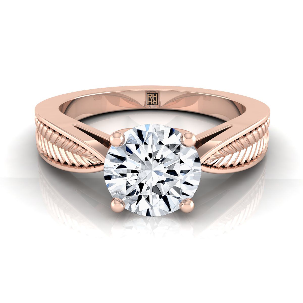 Round Brilliant, Vintage Leaf Pattern Solitaire, in 14K Rose Gold, prong setting | RockHer