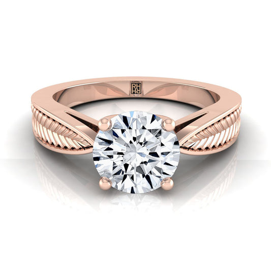 Round Brilliant, Vintage Leaf Pattern Solitaire, in 14K Rose Gold, prong setting | RockHer
