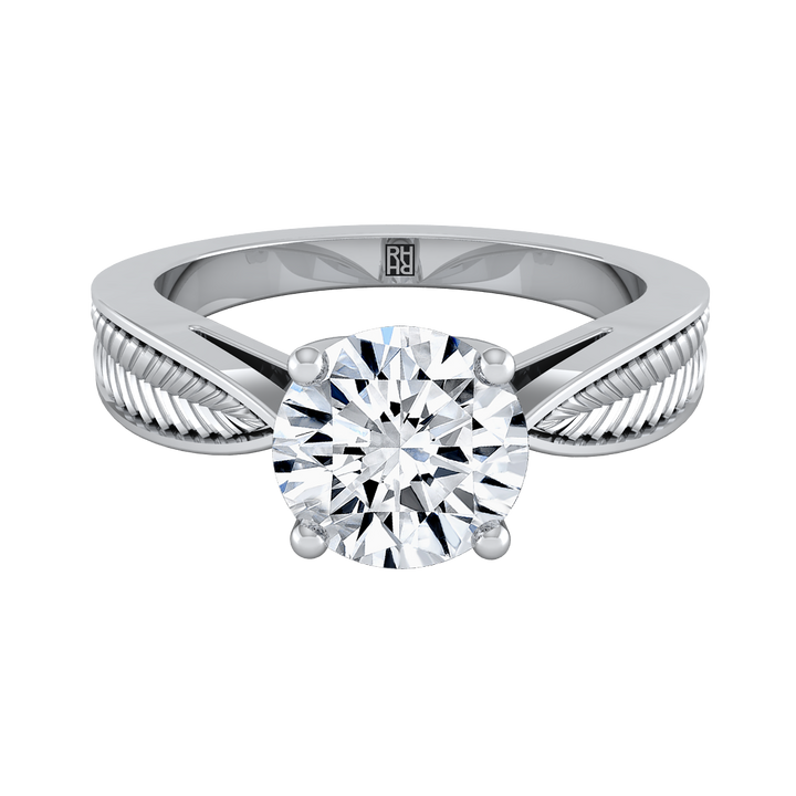 แหวนหมั้นแบบโซลิแทร์ทรงกลมเจียระไนแบบบริลเลียนท์ลายใบไม้สไตล์วินเทจแพลทินัม