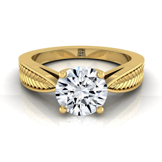 Vintage Leaf Pattern Solitaire Engagement Ring Setting in 14K Yellow Gold