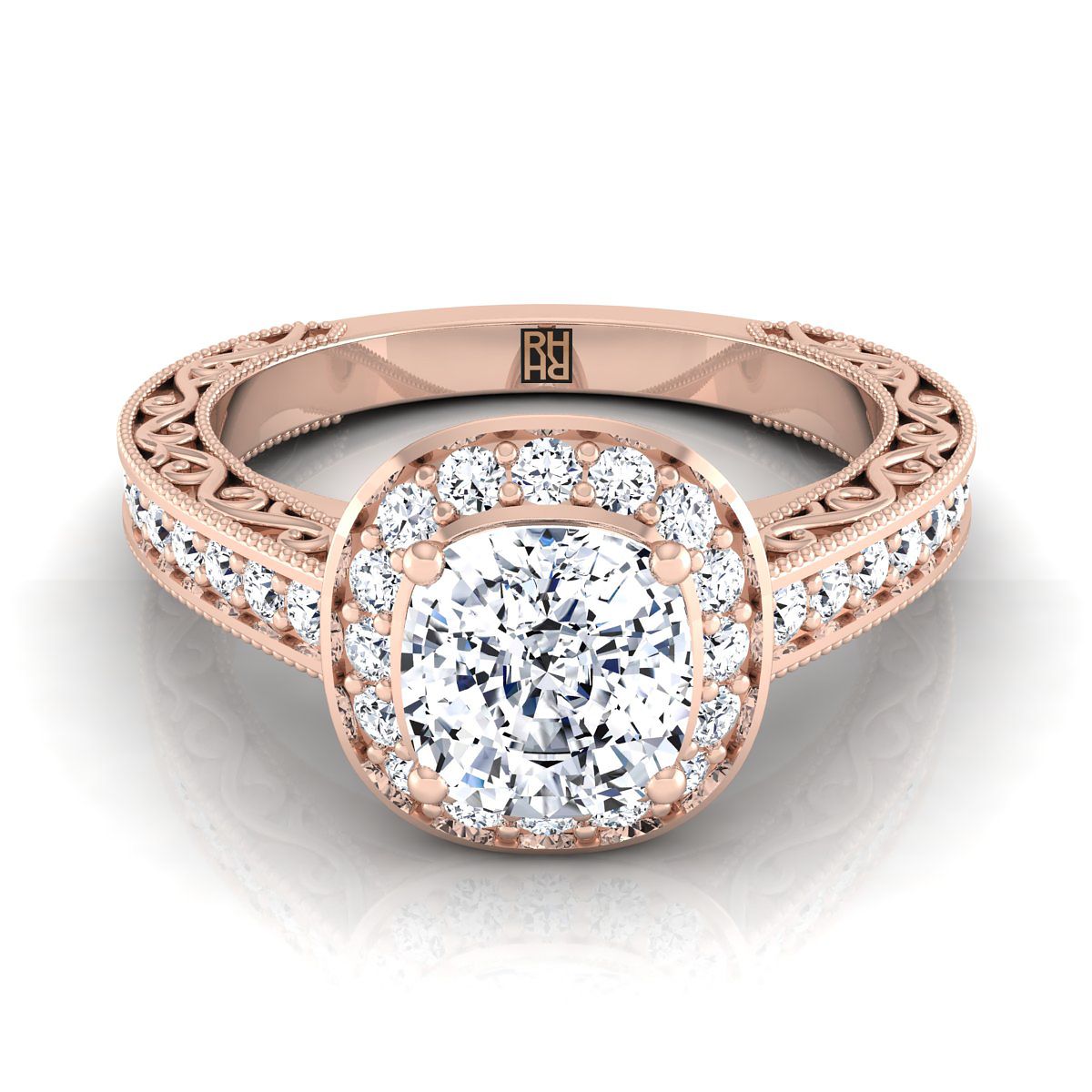 Hand-Engraved Milgrain Halo Cushion, in 14K Rose Gold, pave setting | RockHer