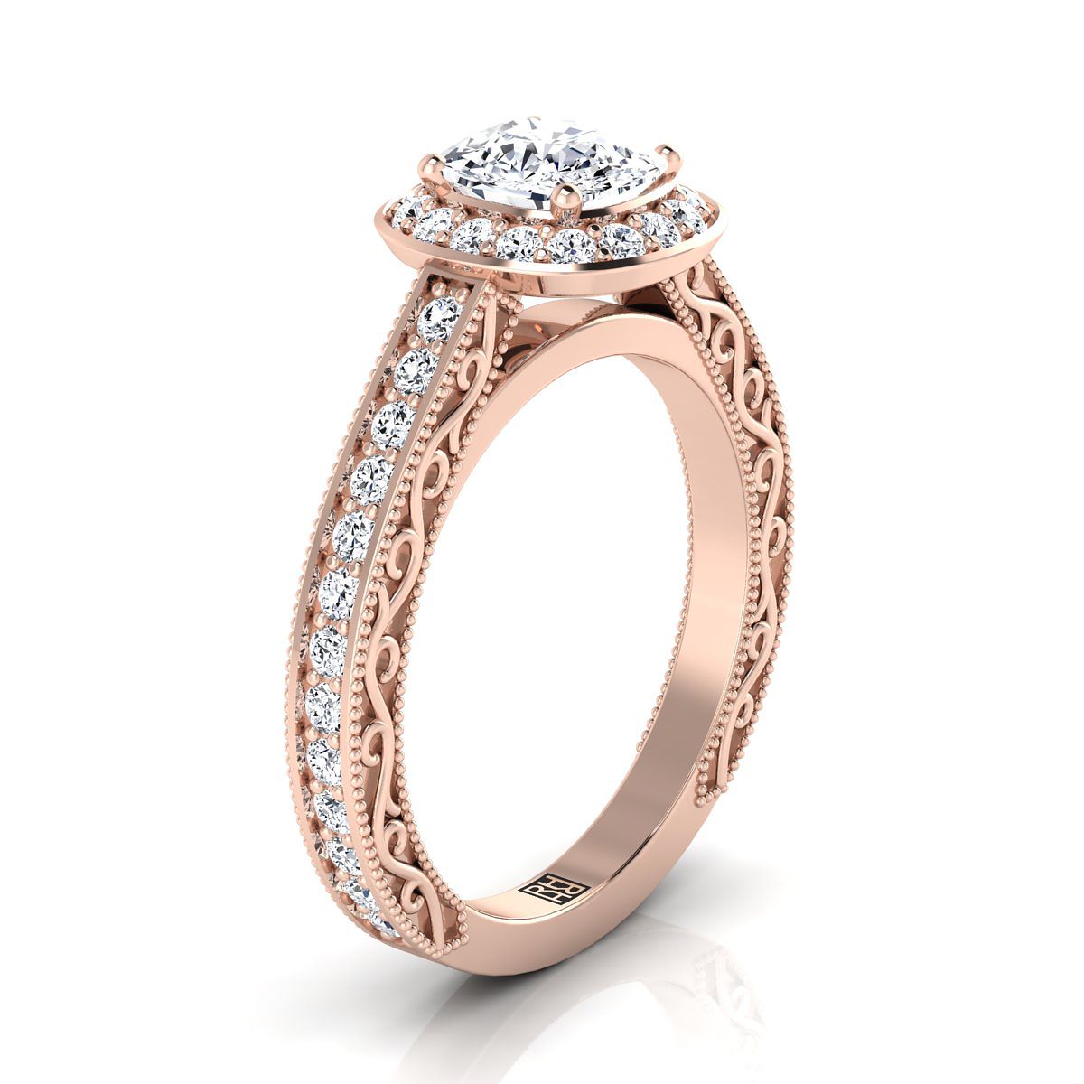 Hand-Engraved Milgrain Halo Cushion, in 14K Rose Gold, pave setting – side profile | RockHer