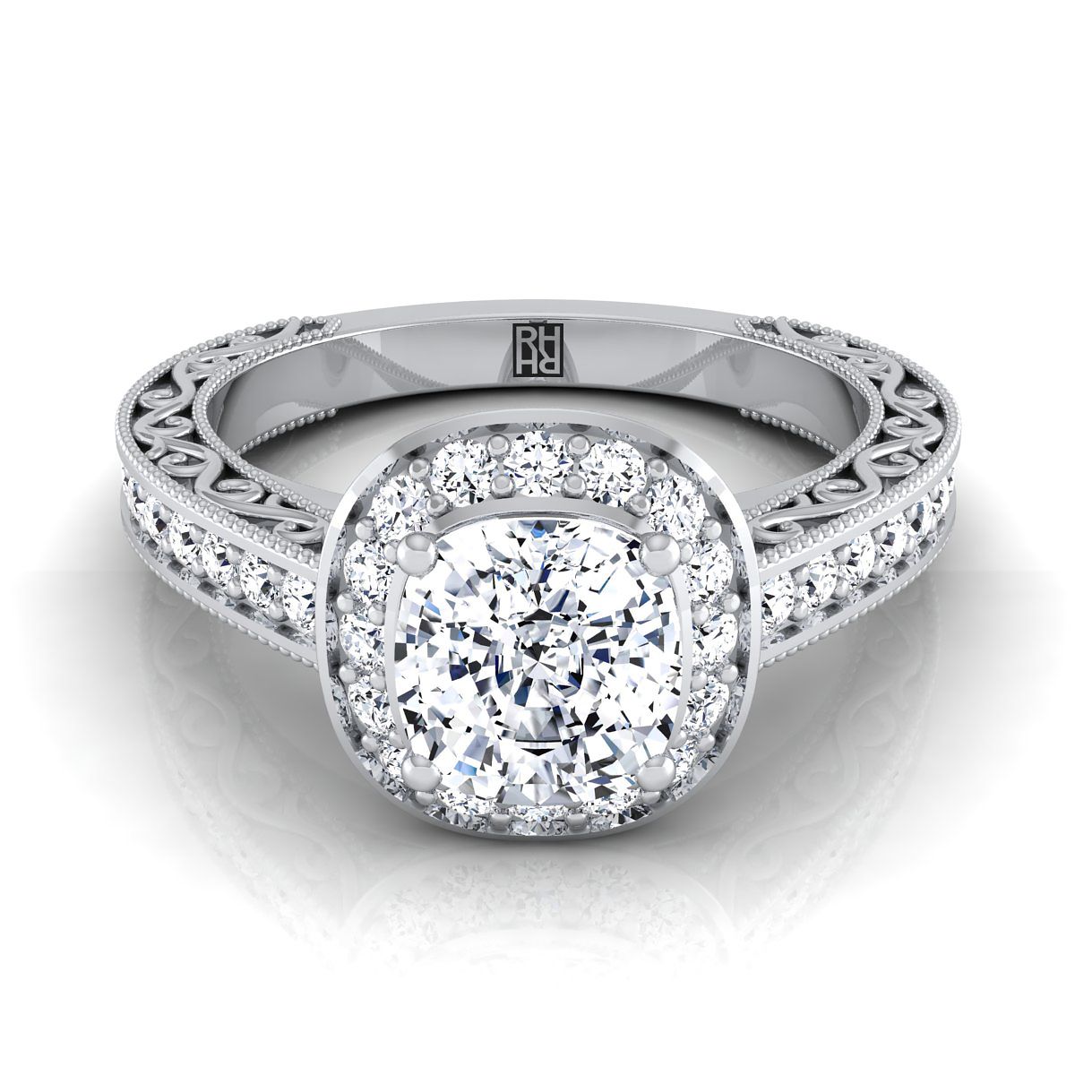 Hand-Engraved Milgrain Halo Cushion, in Platinum, pave setting | RockHer