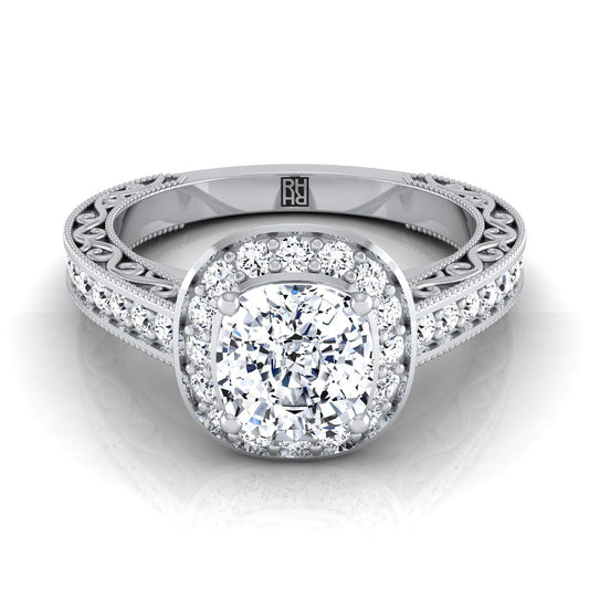 Hand-Engraved Milgrain Halo Cushion, in Platinum, pave setting | RockHer