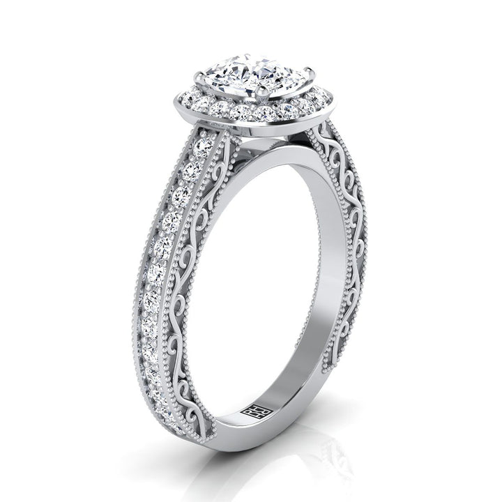 Hand-Engraved Milgrain Halo Cushion, in Platinum, pave setting – side profile | RockHer