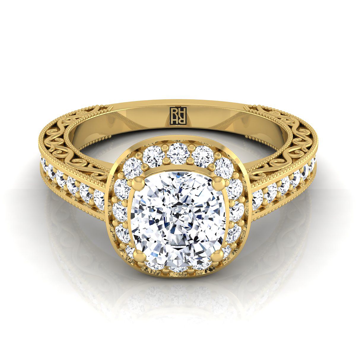 Hand-Engraved Milgrain Halo Cushion, in 18K Yellow Gold, pave setting – view 8 | RockHer