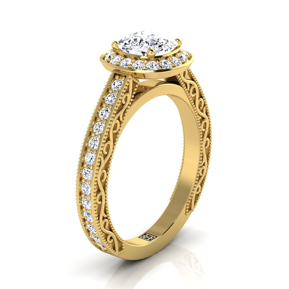 Hand-Engraved Milgrain Halo Cushion, in 18K Yellow Gold, pave setting – view 9 | RockHer