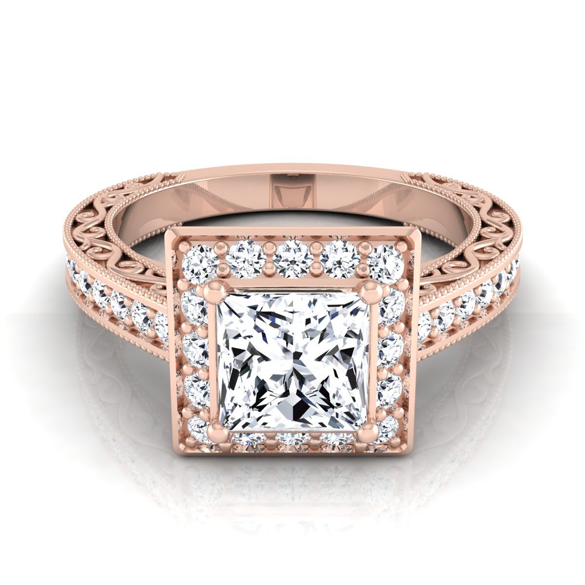 Hand-Engraved Milgrain Halo Princess, in 14K Rose Gold, pave setting | RockHer