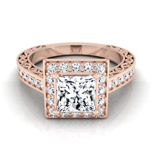 Hand-Engraved Milgrain Halo Princess, in 14K Rose Gold, pave setting | RockHer