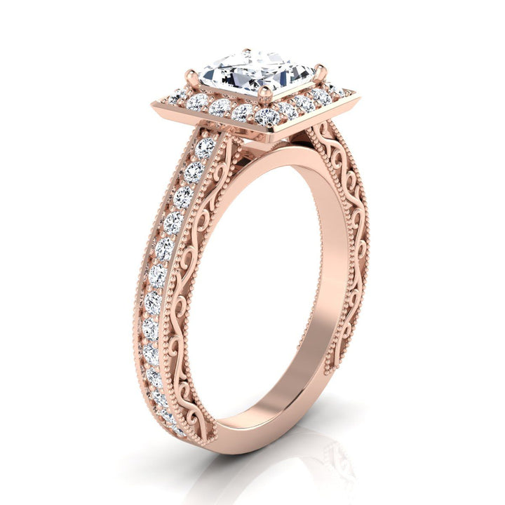 Hand-Engraved Milgrain Halo Princess, in 14K Rose Gold, pave setting – side profile | RockHer