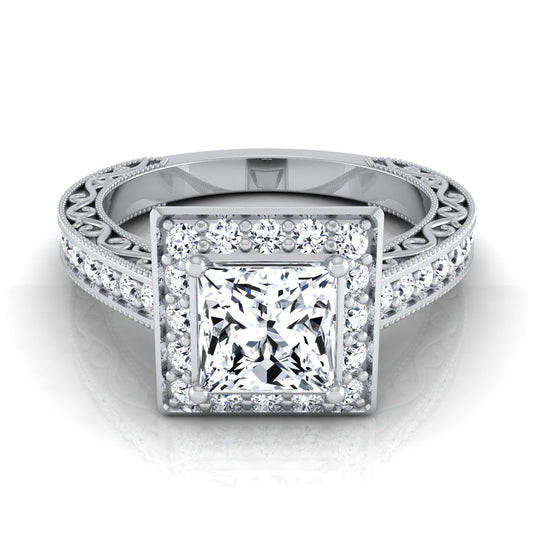 Hand-Engraved Milgrain Halo Princess, in Platinum, pave setting | RockHer