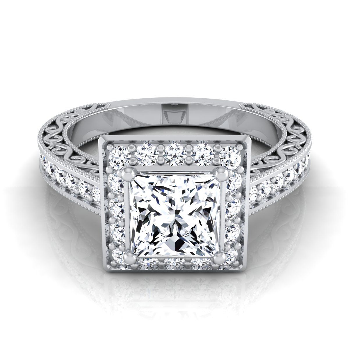 Hand-Engraved Milgrain Halo Princess, in 18K White Gold, pave setting | RockHer