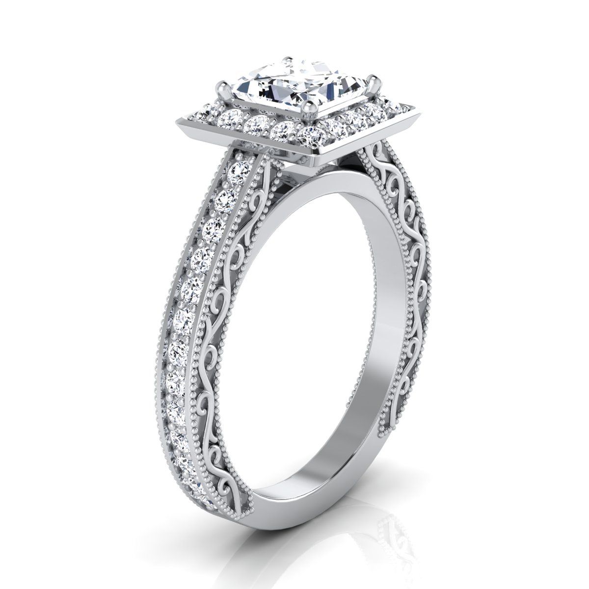 Hand-Engraved Milgrain Halo Princess, in 18K White Gold, pave setting – side profile | RockHer