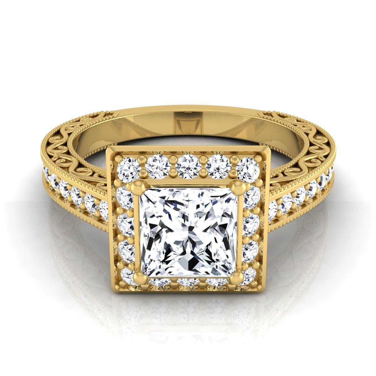 Hand-Engraved Milgrain Halo Princess, in 18K Yellow Gold, pave setting | RockHer