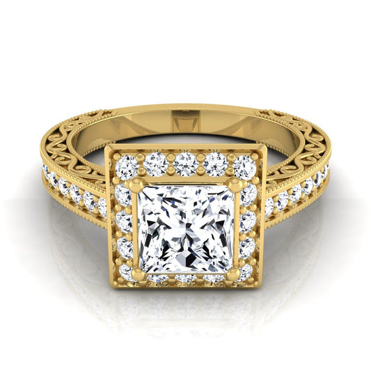 Hand-Engraved Milgrain Halo Princess, in 18K Yellow Gold, pave setting | RockHer