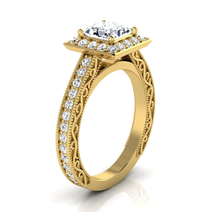 Hand-Engraved Milgrain Halo Princess, in 18K Yellow Gold, pave setting – side profile | RockHer