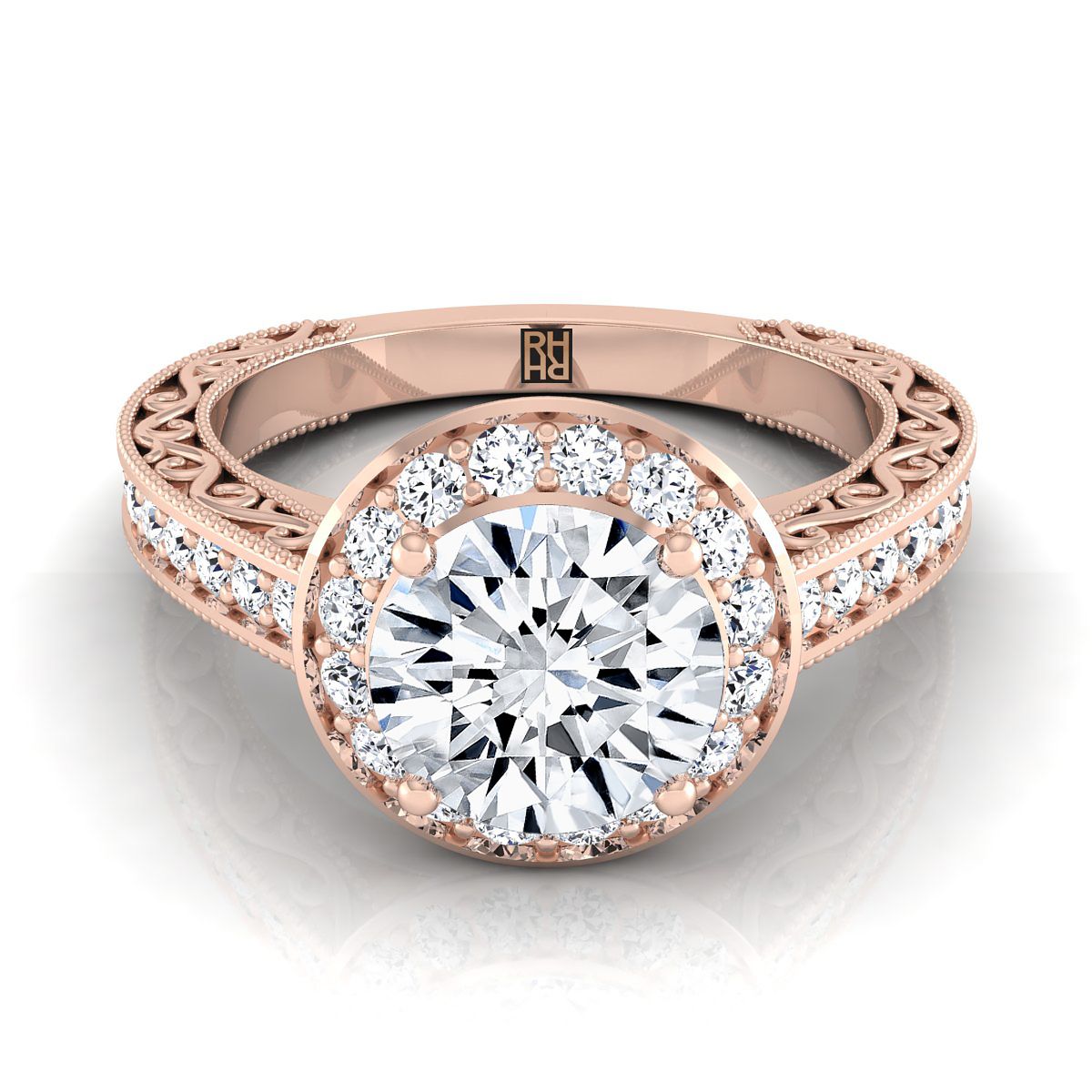 Round Brilliant, Hand-Engraved Milgrain Halo, in 14K Rose Gold, pave setting | RockHer