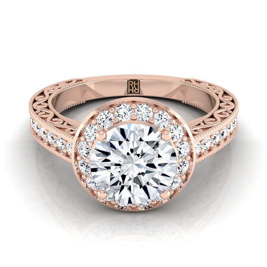 Round Brilliant, Hand-Engraved Milgrain Halo, in 14K Rose Gold, pave setting | RockHer