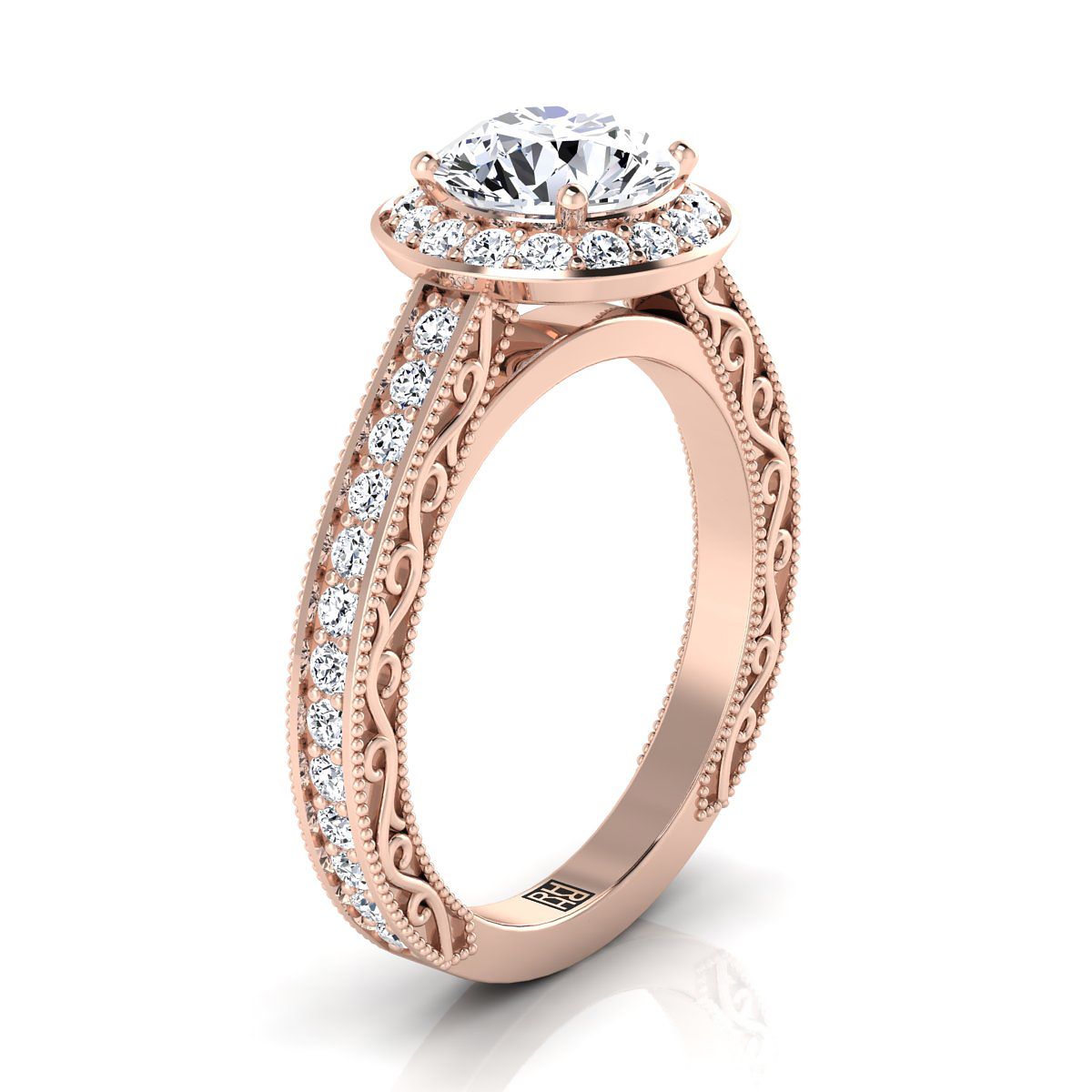 Round Brilliant, Hand-Engraved Milgrain Halo, in 14K Rose Gold, pave setting – side profile | RockHer