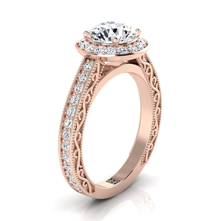 Round Brilliant, Hand-Engraved Milgrain Halo, in 14K Rose Gold, pave setting – side profile | RockHer