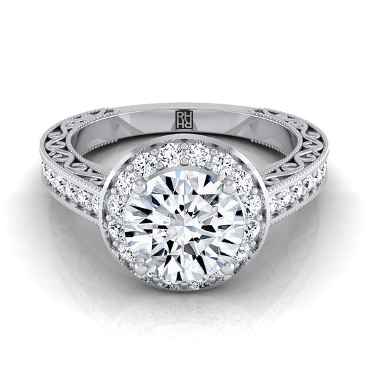 Round Brilliant, Hand-Engraved Milgrain Halo, in Platinum, pave setting | RockHer