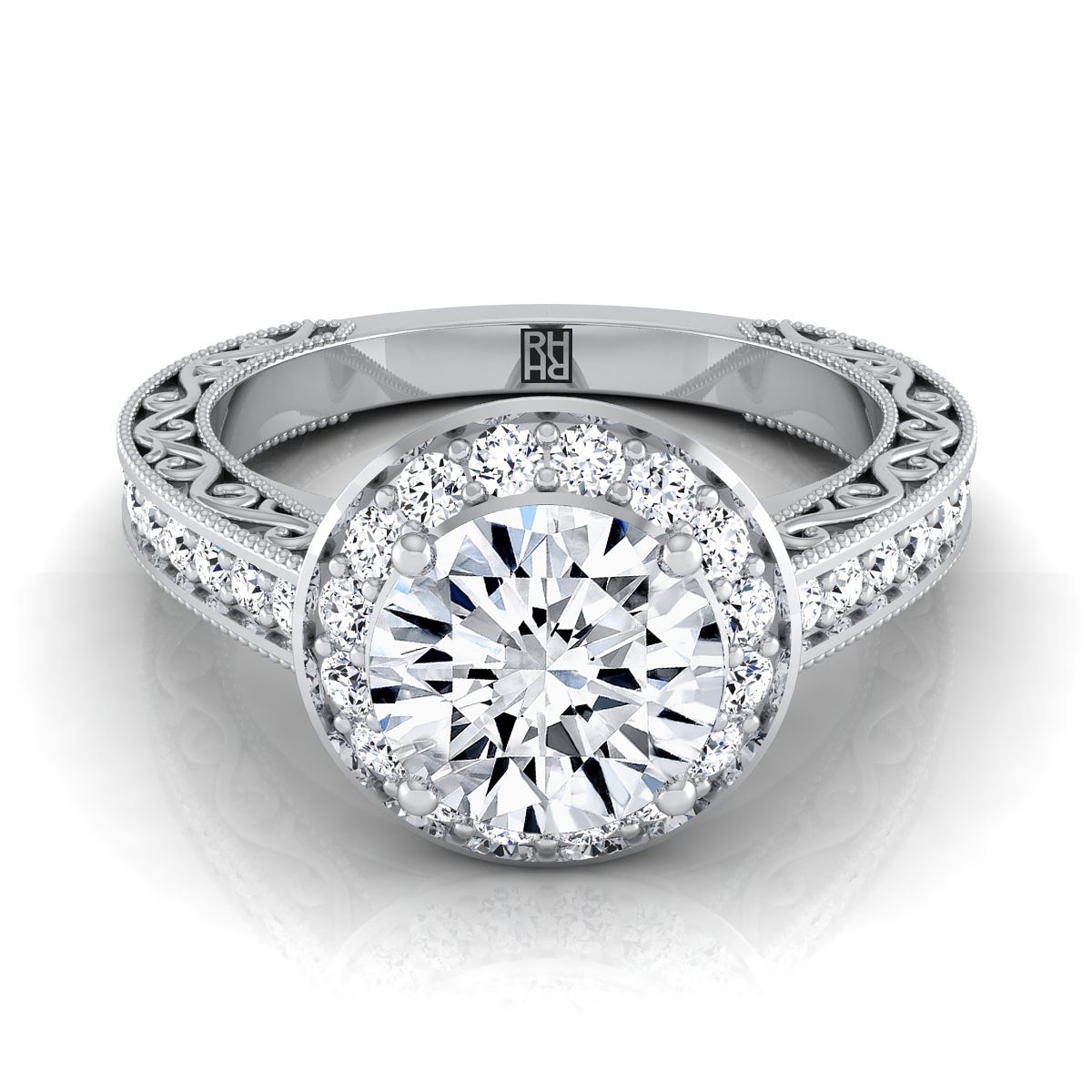 18K White Gold Round Brilliant Hand-Engraved Delicate Diamond Milgrain Engagement Ring -1/2ctw