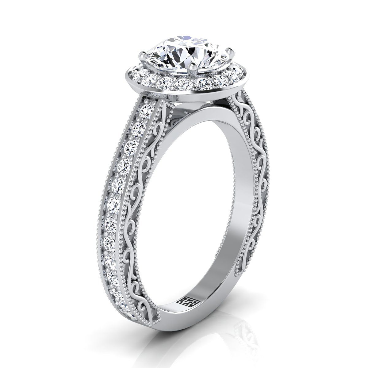 Round Brilliant, Hand-Engraved Milgrain Halo, in 18K White Gold, pave setting – side profile | RockHer