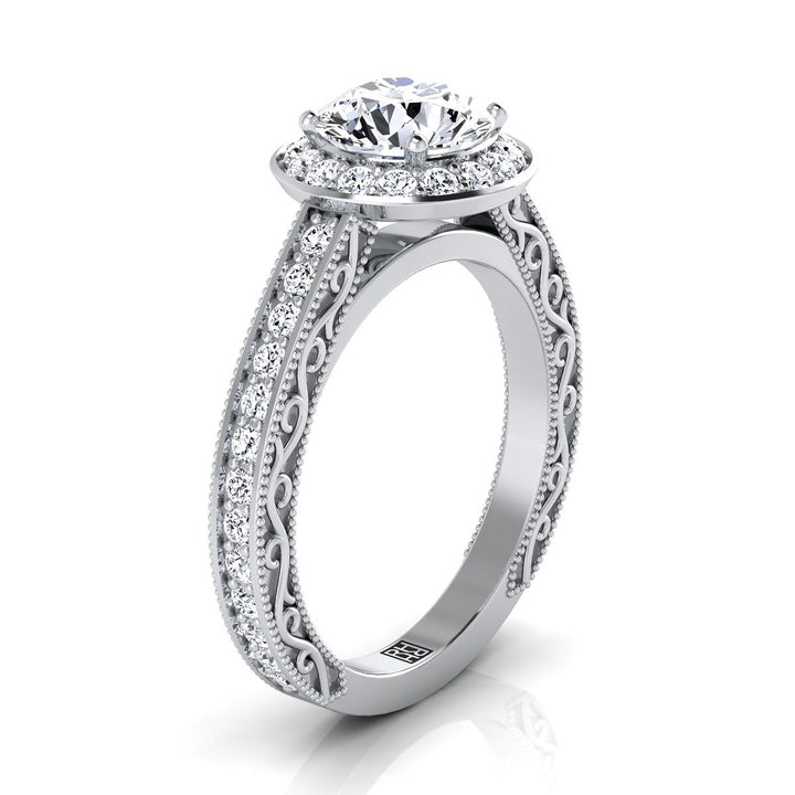 18K White Gold Round Brilliant Hand-Engraved Delicate Diamond Milgrain Engagement Ring -1/2ctw