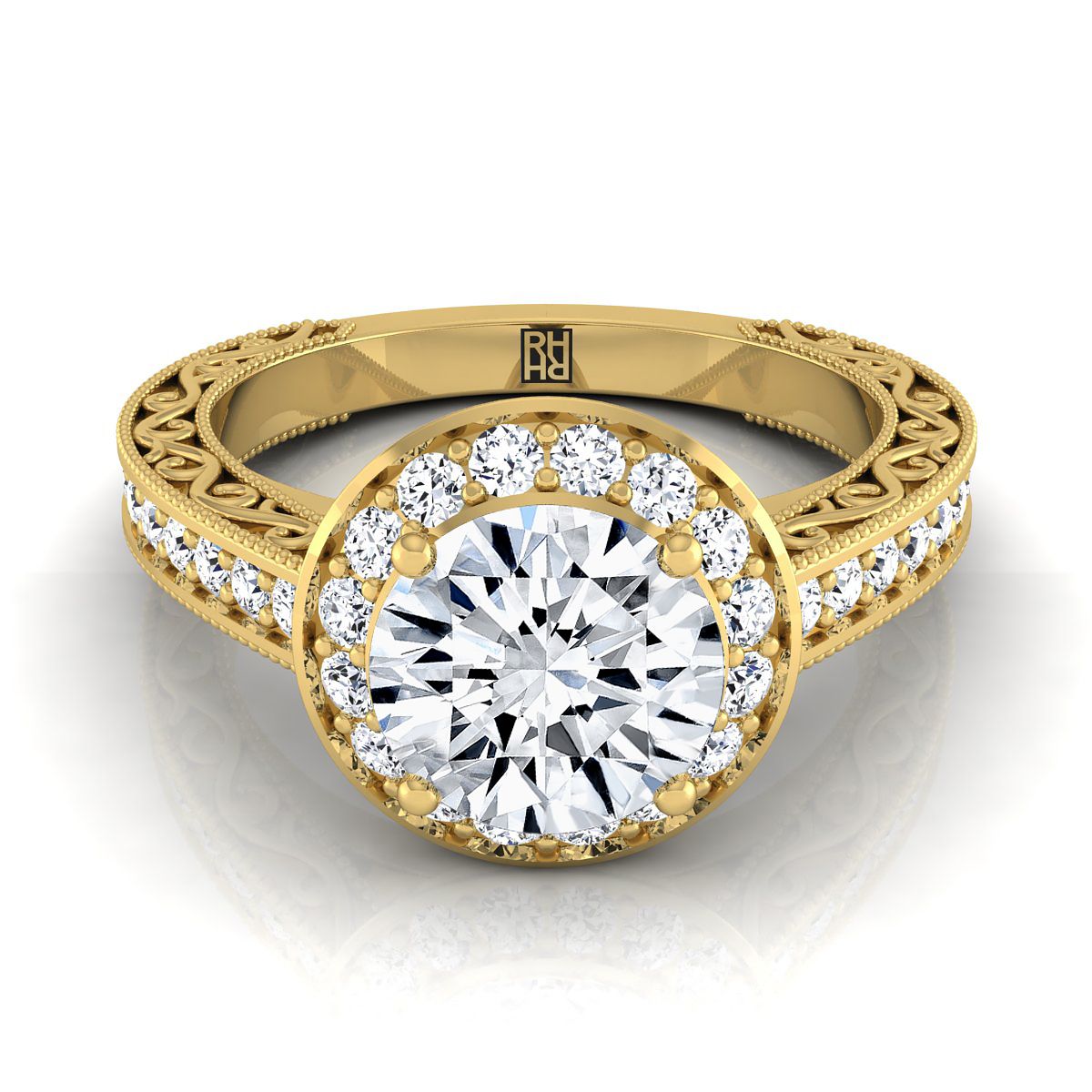 Round Brilliant, Hand-Engraved Milgrain Halo, in 18K Yellow Gold, pave setting | RockHer