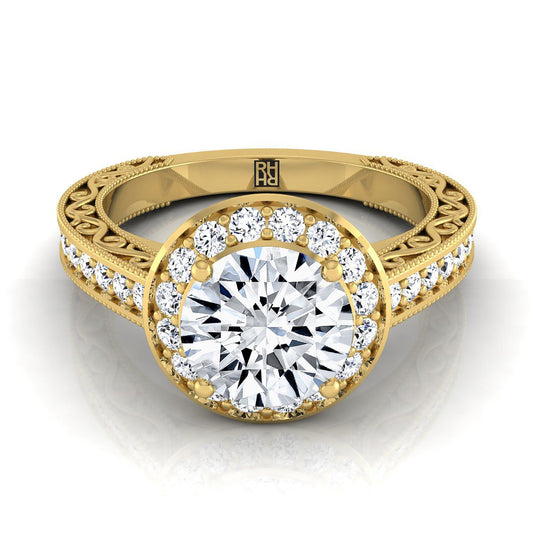 Round Brilliant, Hand-Engraved Milgrain Halo, in 18K Yellow Gold, pave setting | RockHer