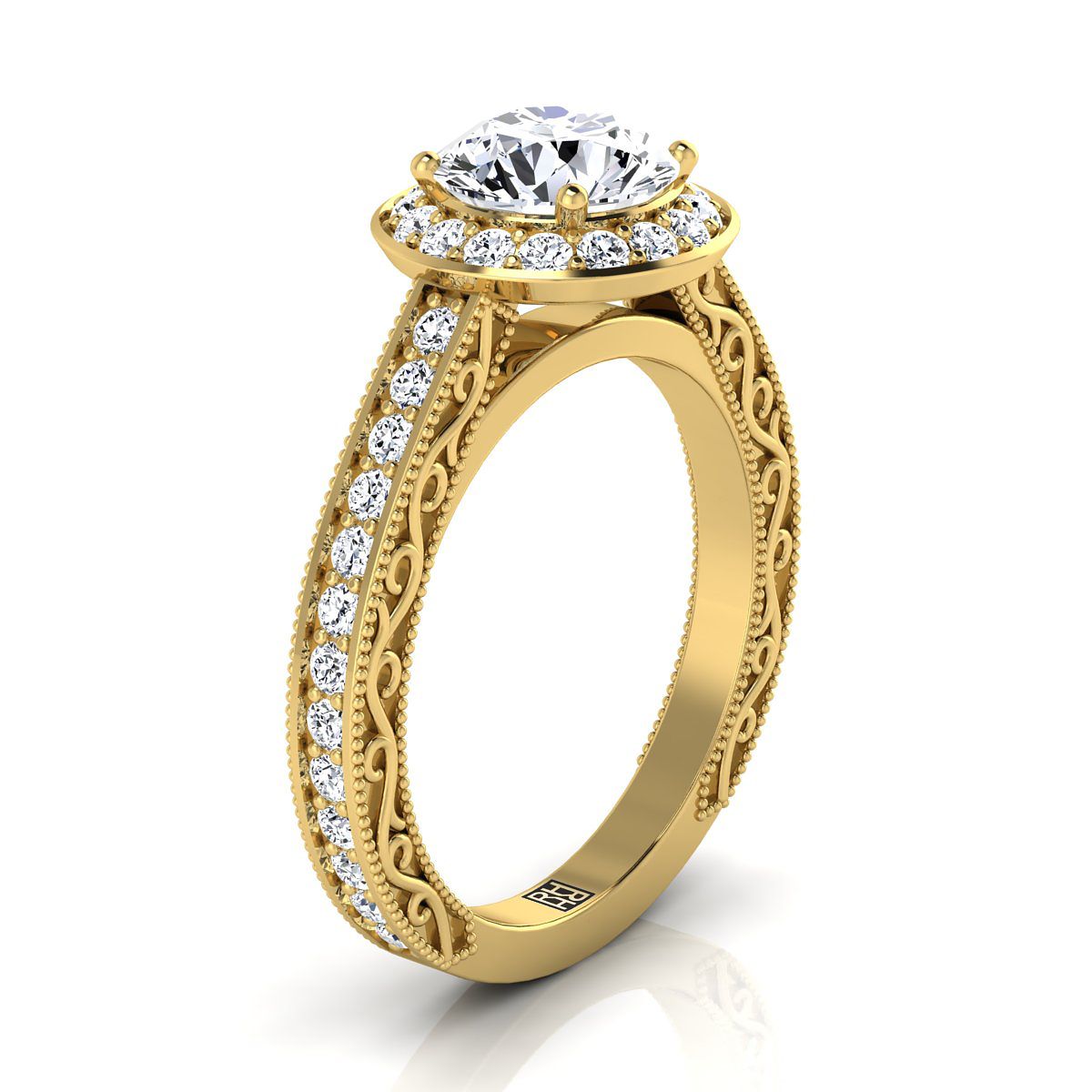 Round Brilliant, Hand-Engraved Milgrain Halo, in 18K Yellow Gold, pave setting – side profile | RockHer