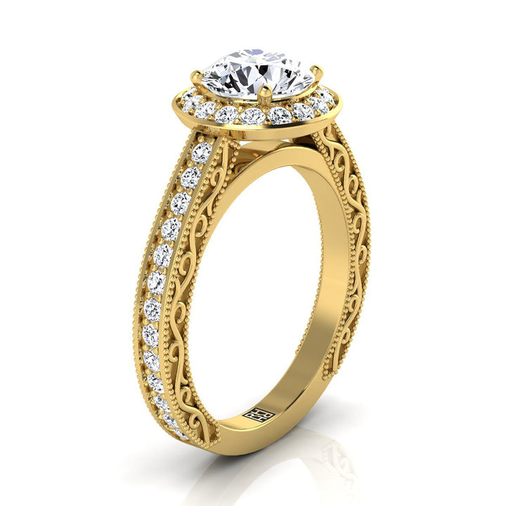 Round Brilliant, Hand-Engraved Milgrain Halo, in 18K Yellow Gold, pave setting – side profile | RockHer