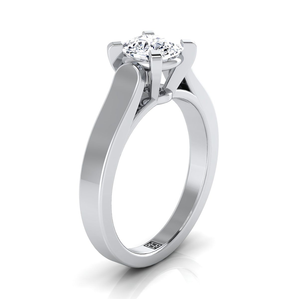 Cathedral Squared Edge Solitaire Cushion, in Platinum, prong setting – side profile | RockHer