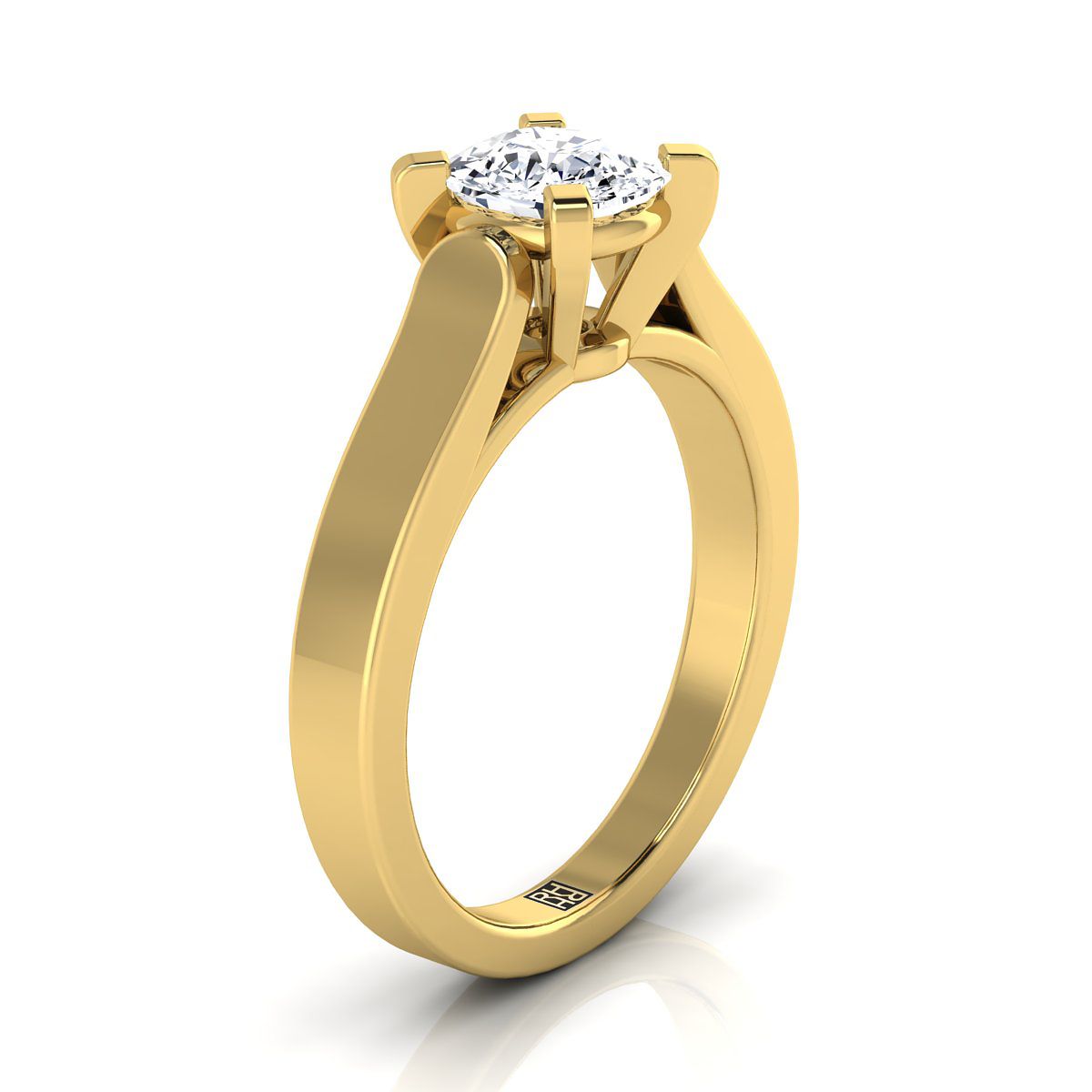 Cathedral Squared Edge Solitaire Cushion, in 18K Yellow Gold, prong setting – side profile | RockHer