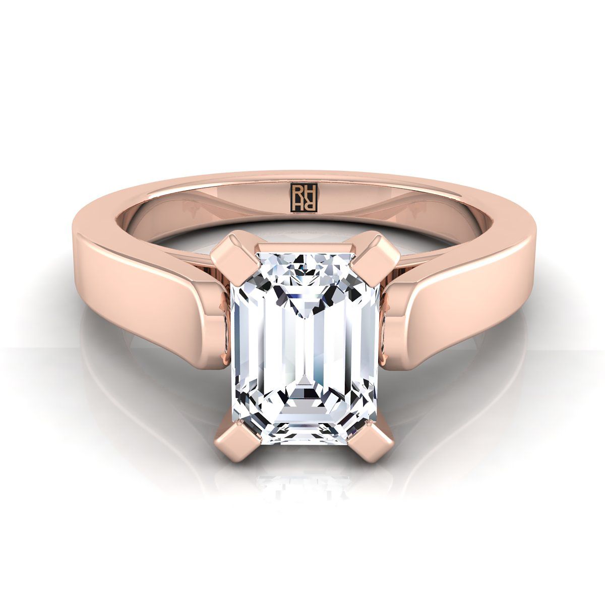European Cut, Cathedral Squared Edge Solitaire Emerald, in 14K Rose Gold, prong setting | RockHer
