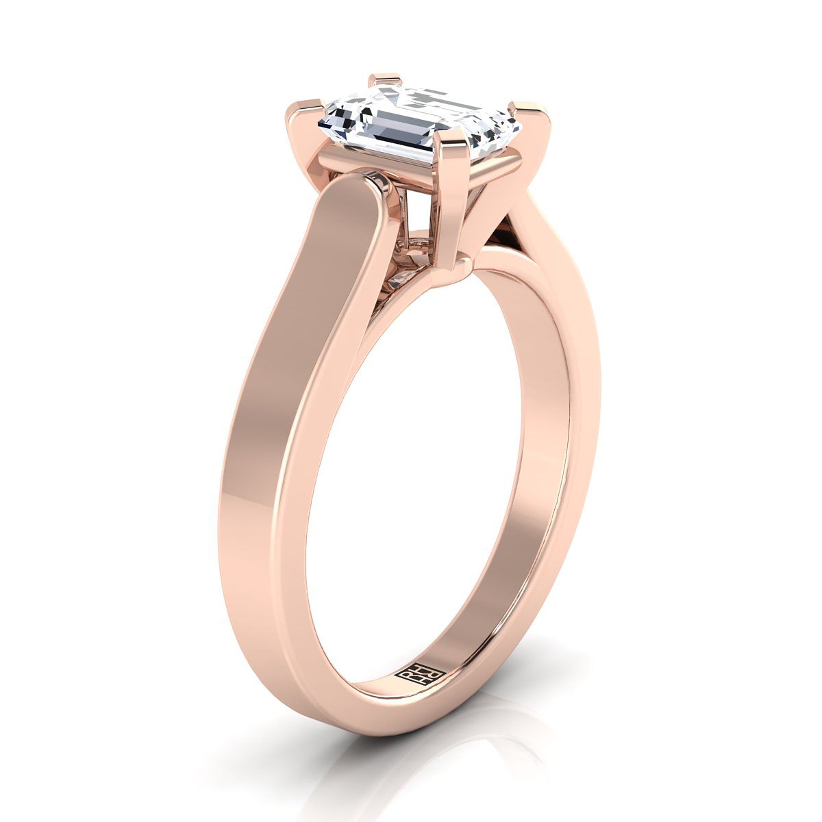 European Cut, Cathedral Squared Edge Solitaire Emerald, in 14K Rose Gold, prong setting – side profile | RockHer