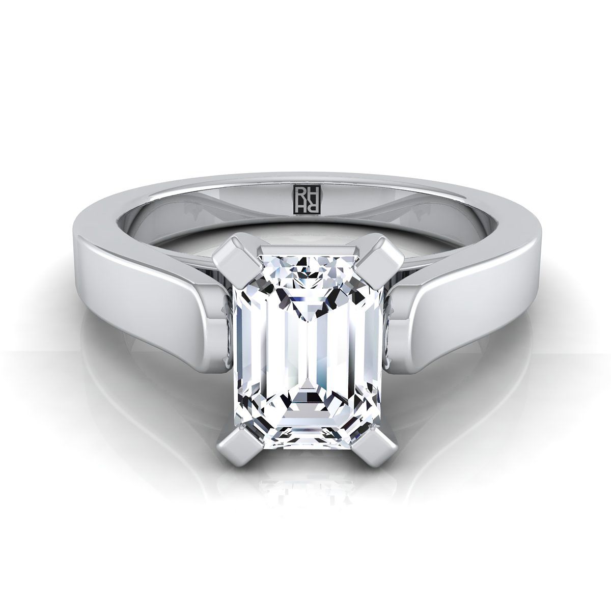 European Cut, Cathedral Squared Edge Solitaire Emerald, in Platinum, prong setting | RockHer