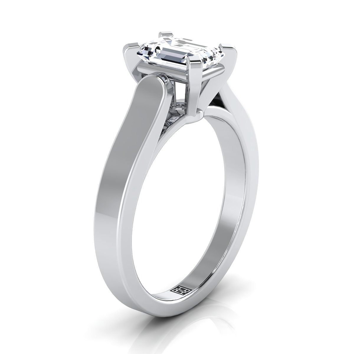 European Cut, Cathedral Squared Edge Solitaire Emerald, in Platinum, prong setting – side profile | RockHer