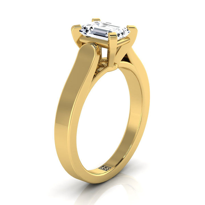 European Cut, Cathedral Squared Edge Solitaire Emerald, in 18K Yellow Gold, prong setting – side profile | RockHer