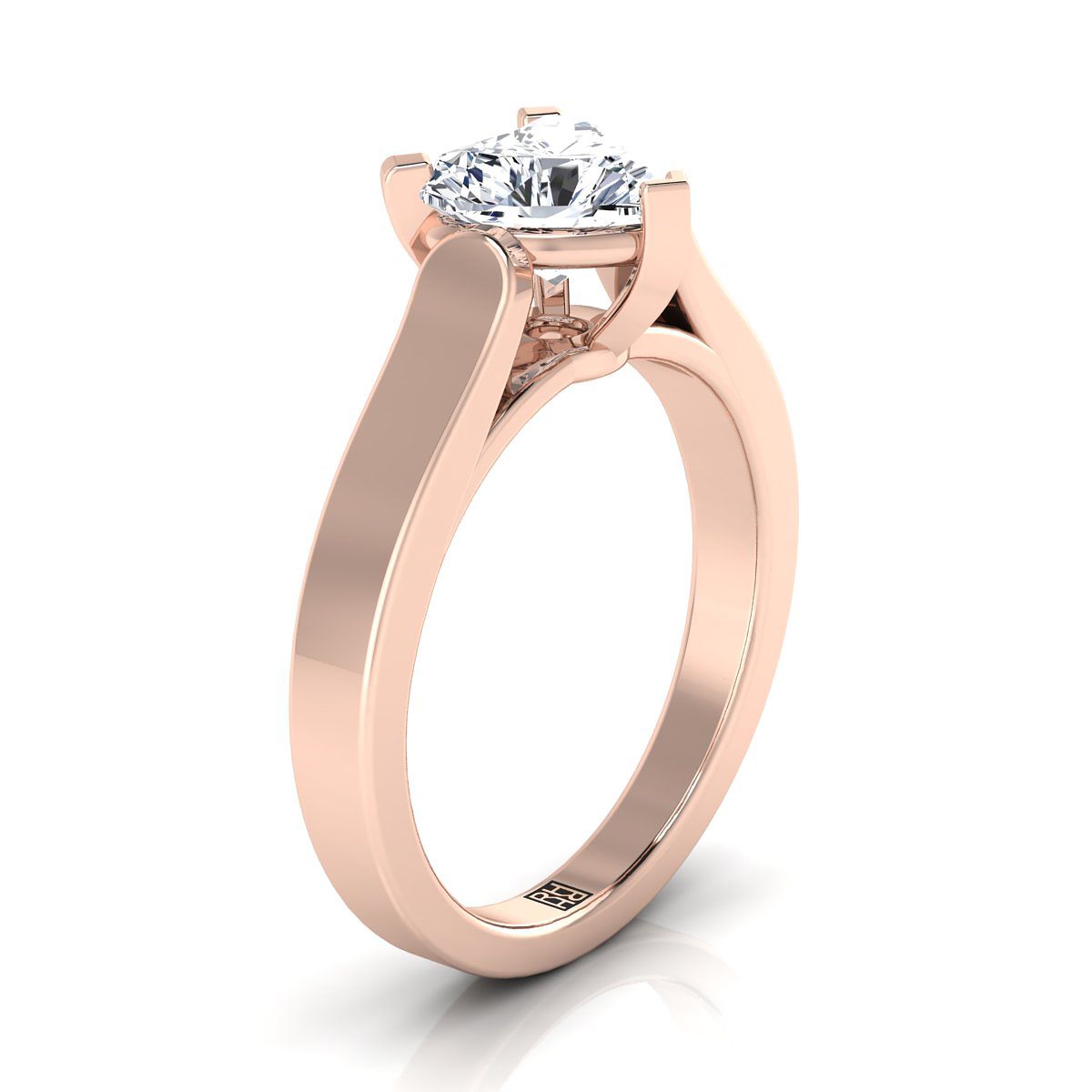 Cathedral Squared Edge Solitaire Heart Shape, in 14K Rose Gold, prong setting – side profile | RockHer