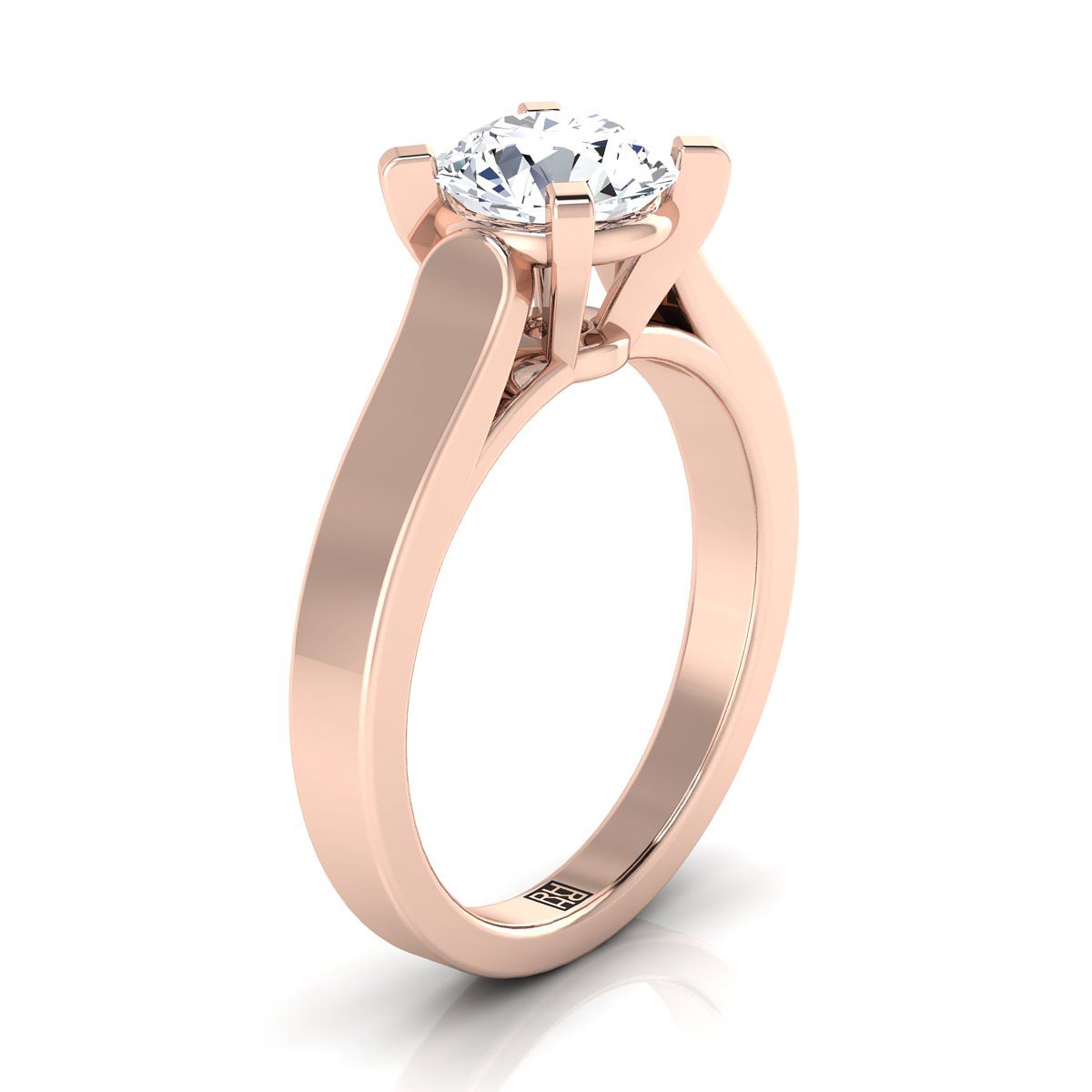 Round Brilliant, Cathedral Squared Edge Solitaire, in 14K Rose Gold, prong setting – side profile | RockHer