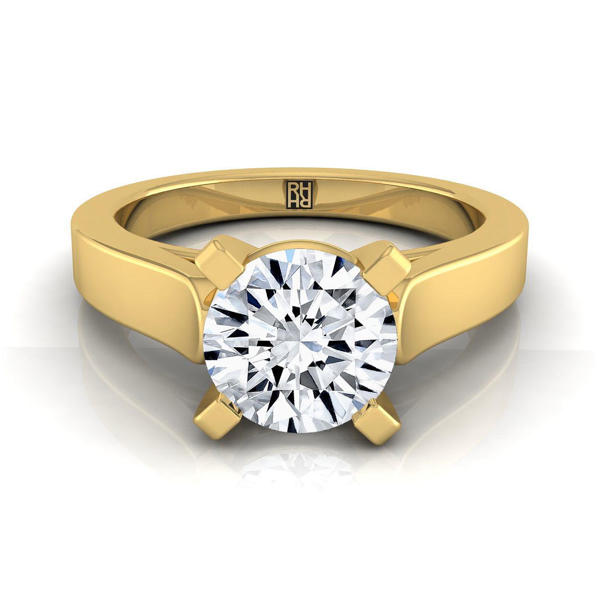 Round Brilliant, Cathedral Squared Edge Solitaire, in 18K Yellow Gold, prong setting | RockHer