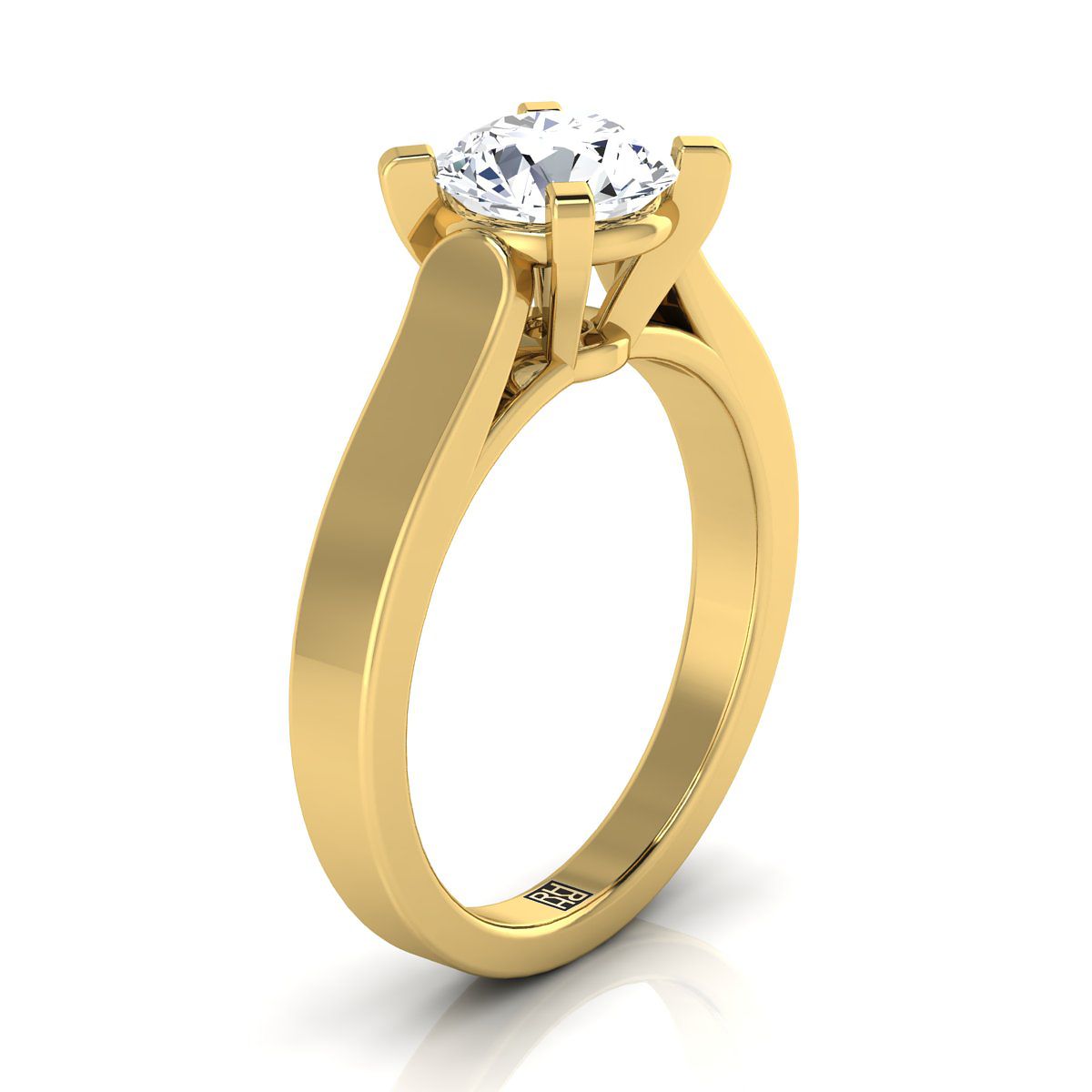 Round Brilliant, Cathedral Squared Edge Solitaire, in 18K Yellow Gold, prong setting – side profile | RockHer