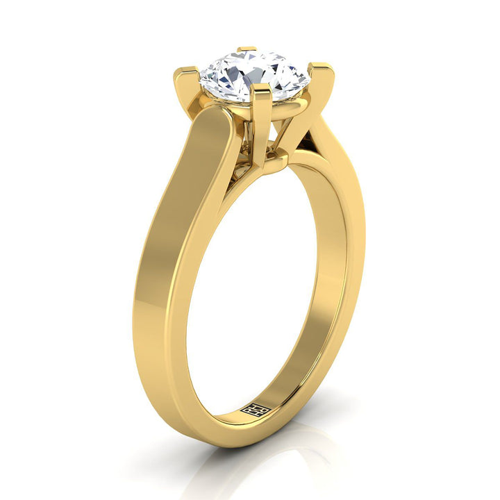 Round Brilliant, Cathedral Squared Edge Solitaire, in 18K Yellow Gold, prong setting – side profile | RockHer