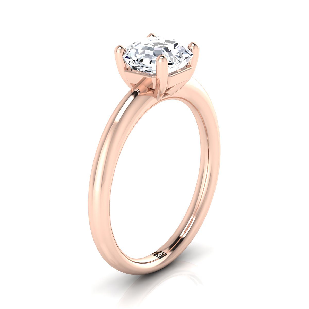Rounded Comfort Fit Solitaire Asscher, in 14K Rose Gold, prong setting – side profile | RockHer