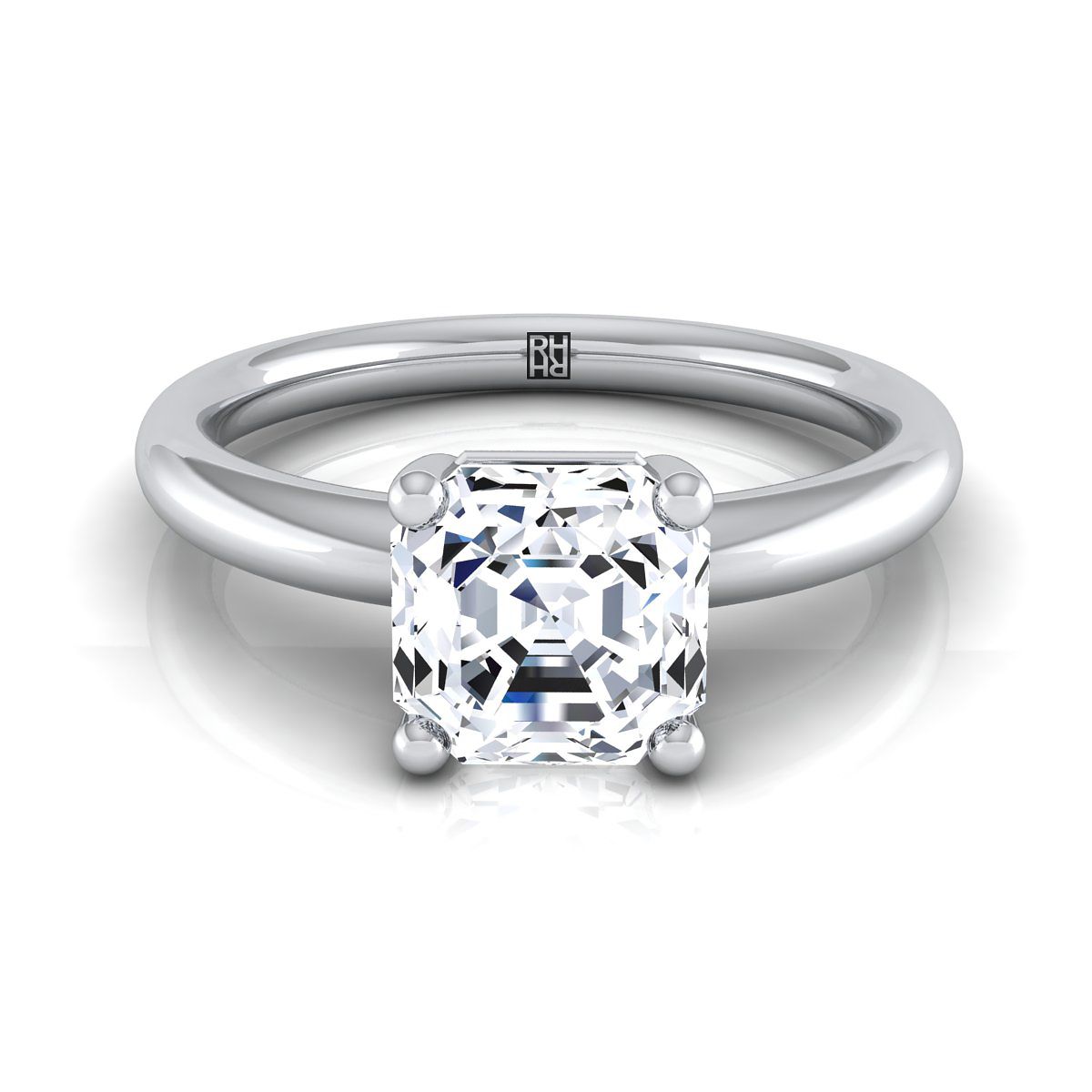Rounded Comfort Fit Solitaire Asscher, in Platinum, prong setting | RockHer