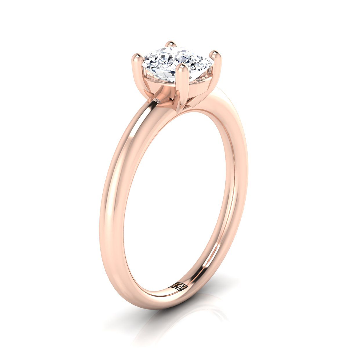 Rounded Comfort Fit Solitaire Cushion, in 14K Rose Gold, prong setting – side profile | RockHer
