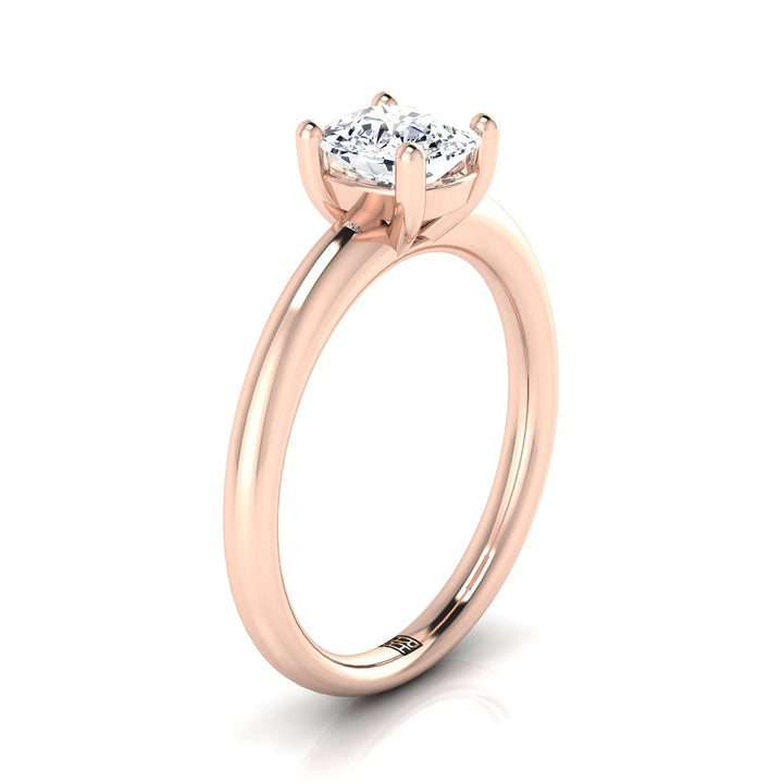 Rounded Comfort Fit Solitaire Cushion, in 14K Rose Gold, prong setting – side profile | RockHer